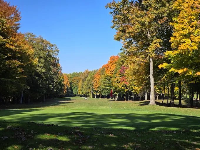 Tree-lined fairway approaching a flagged green at Hampshire Country Club