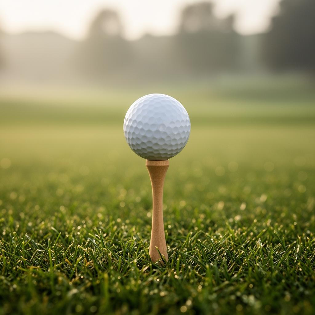 Golf ball on tee at sunrise
